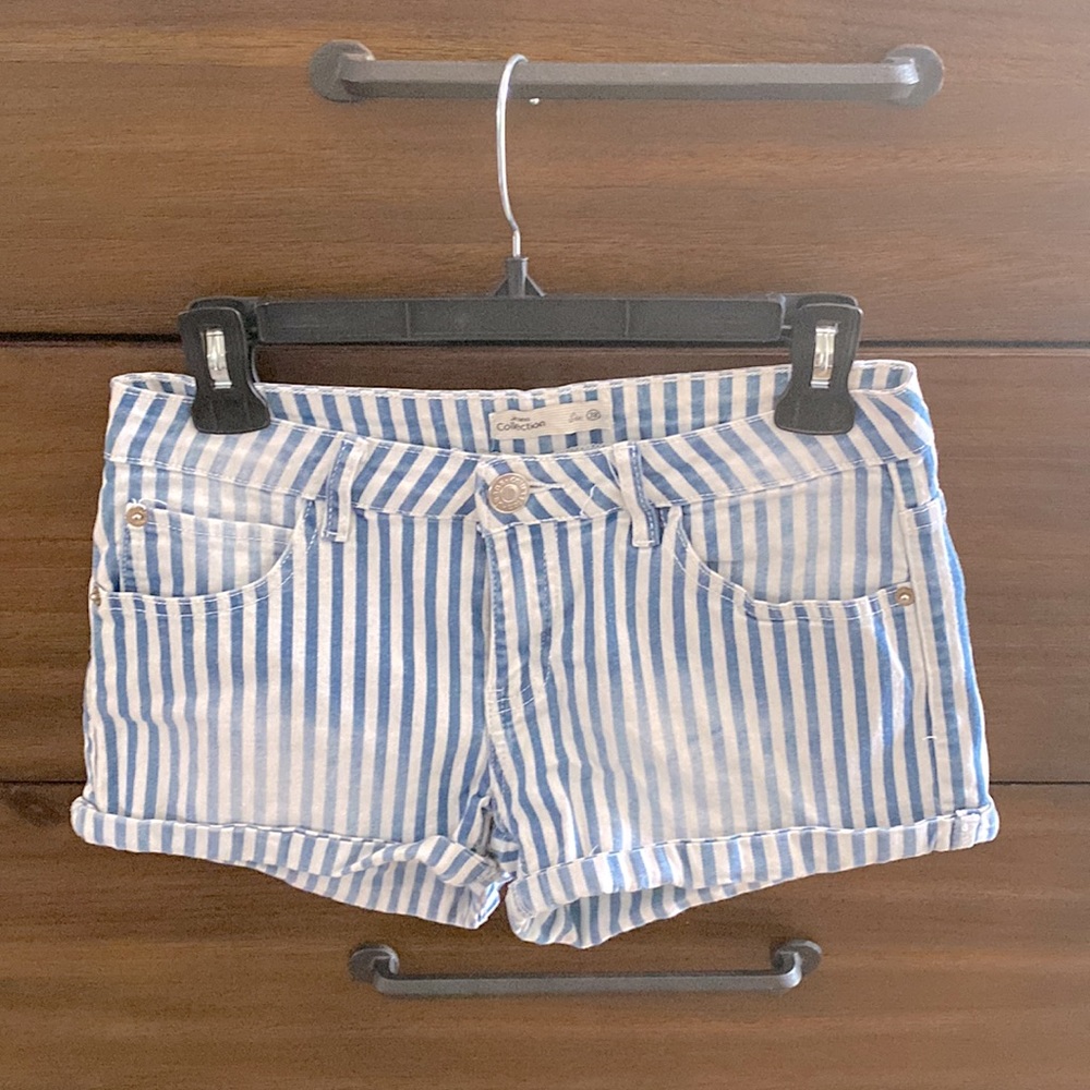 Blue and white striped denim jeans